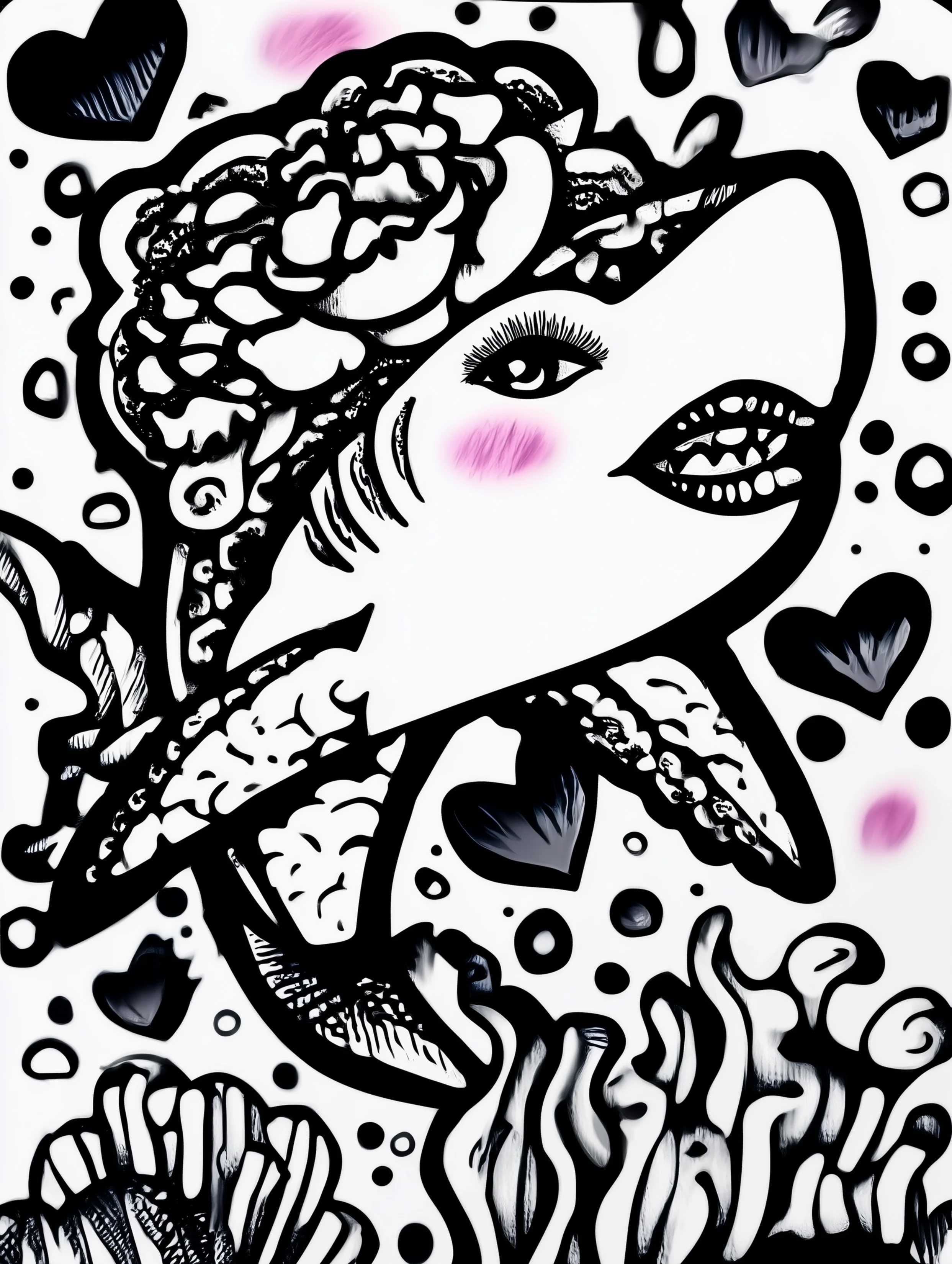 Free printable underwater coloring page for adults featuring a shark with blush